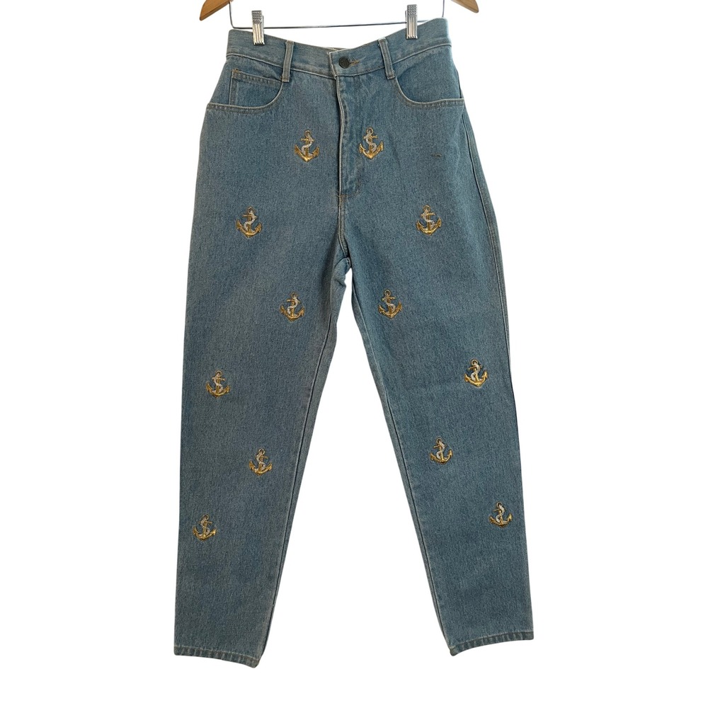 La Costa Spa Vintage Anchor Embroidered High Waisted Mom Jeans Light Wash Sz 12